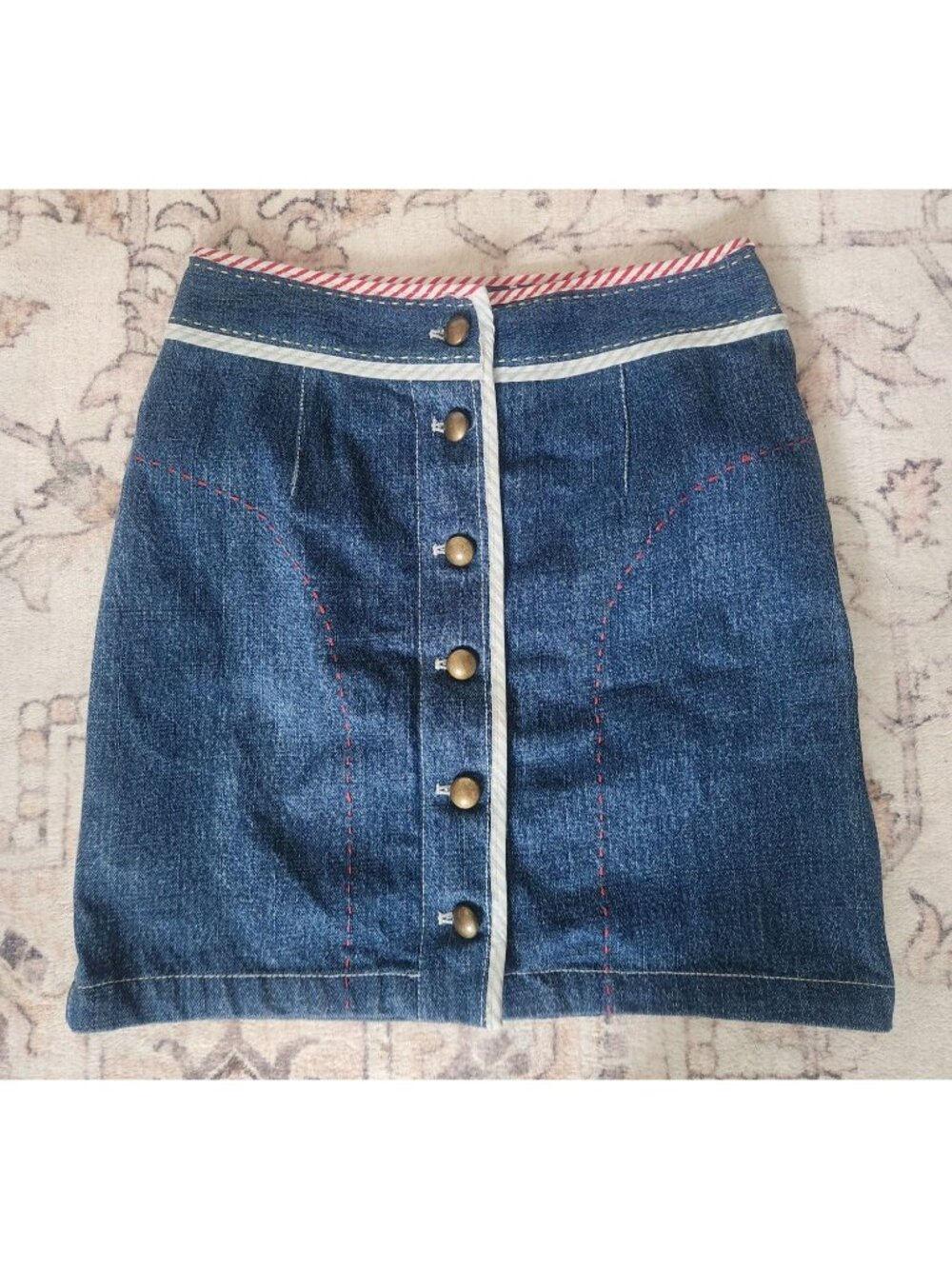 ETCETERA Women's Sz. 2 Denim Red Stitching/Pockets Mini Button Up Skirt